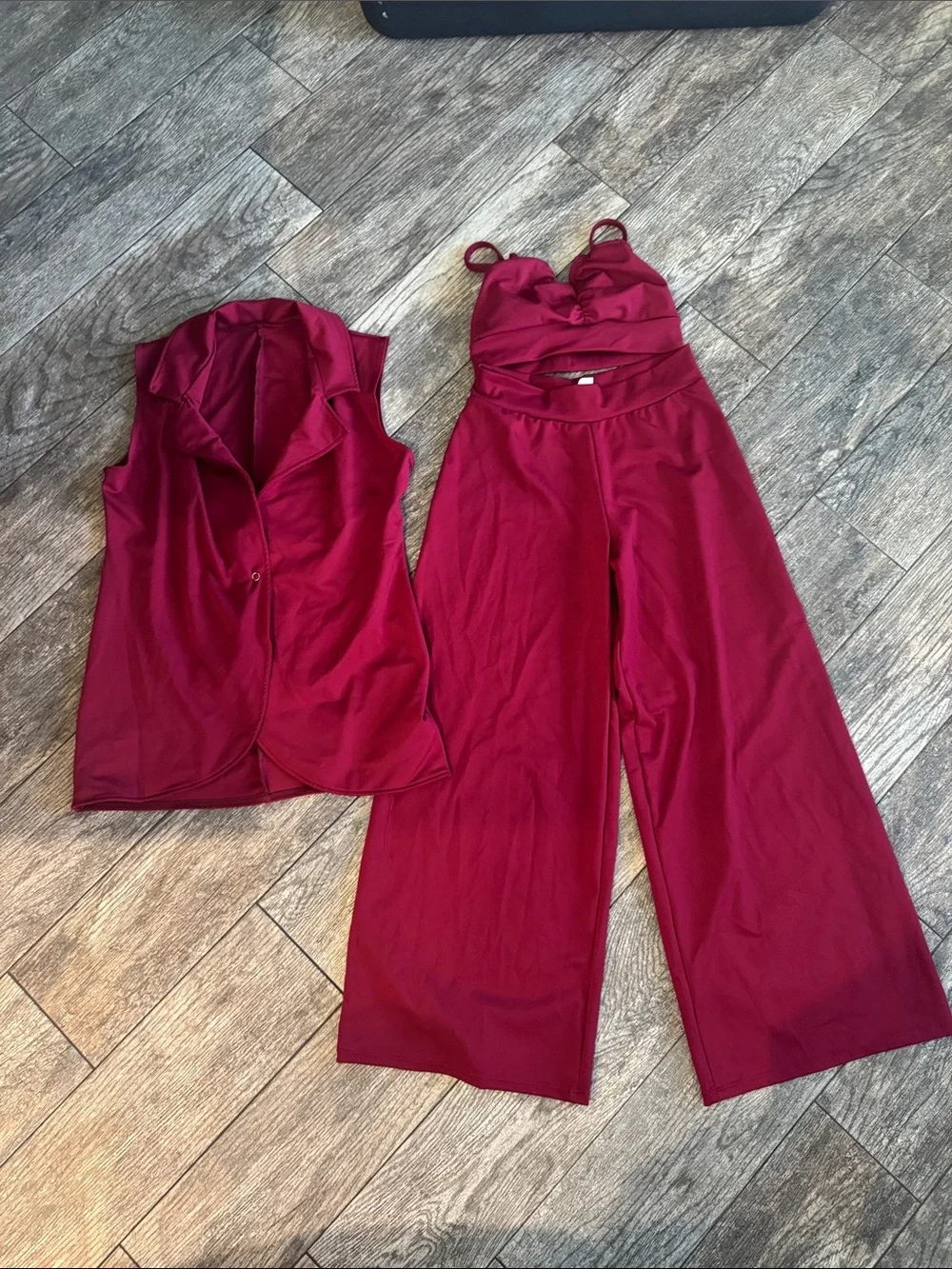 Red Three-Piece Dance Set for Kids - Vest, Crop Top & Wide-Leg Pants